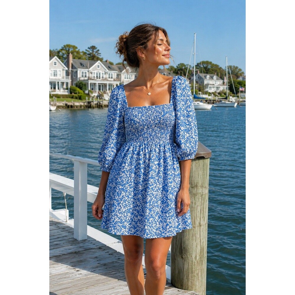 Tuckernuck x Cameron Eubanks Wimberly Blue Floral Linen Blend Smocked Dress NWT